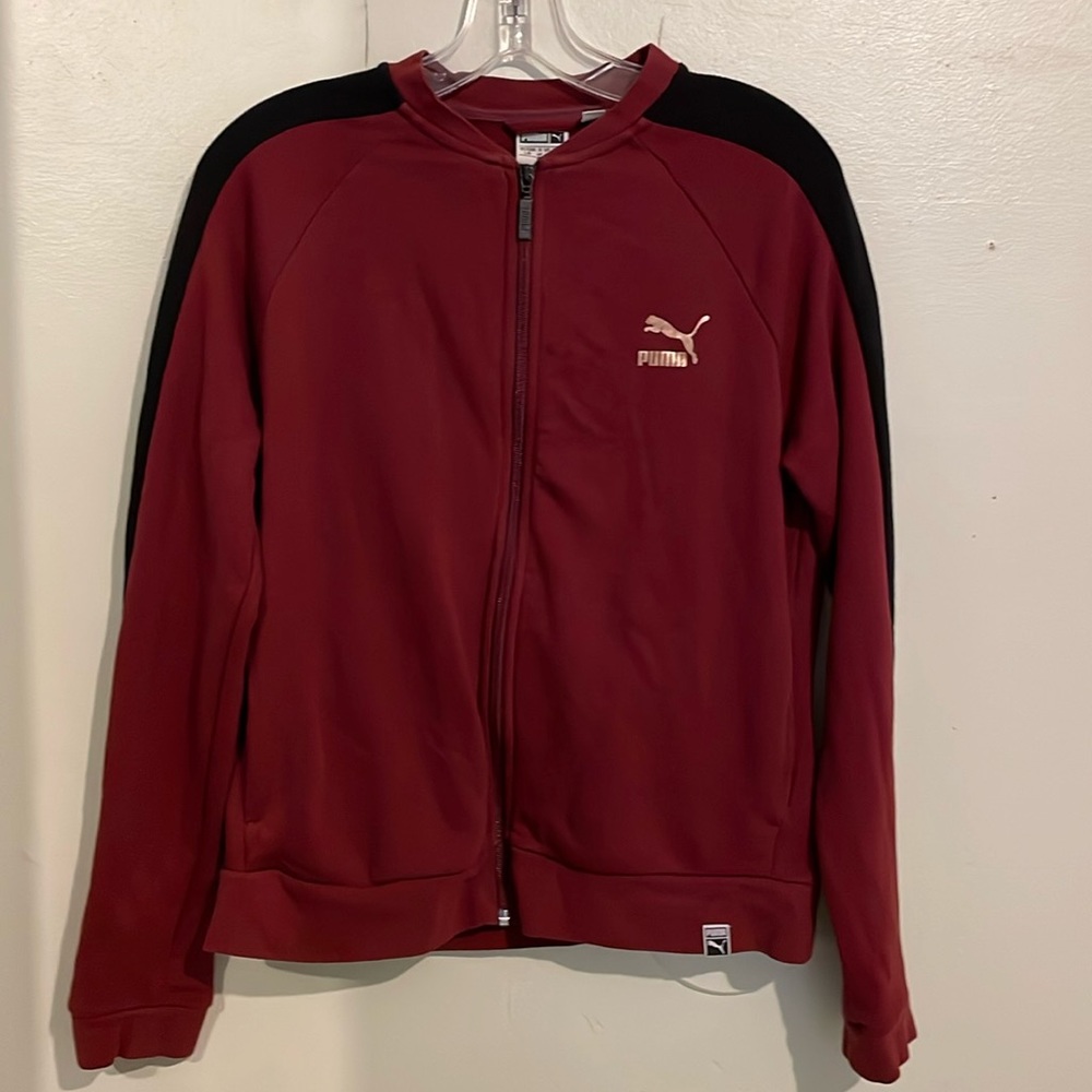 Puma Burgundy Zip-up jacket with Black Stripe Down Sleeves, size L/G Youth